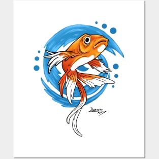 Carp Koi Fish on Blue Waves Posters and Art